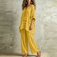 thumbnail image 4 of Women Sets Summer Ndbuld Women’s Fashion Pinstripe V- Neck Short Sleeve Elastic Waist Pocket Long Pants Sets Yellow XL, 4 of 5