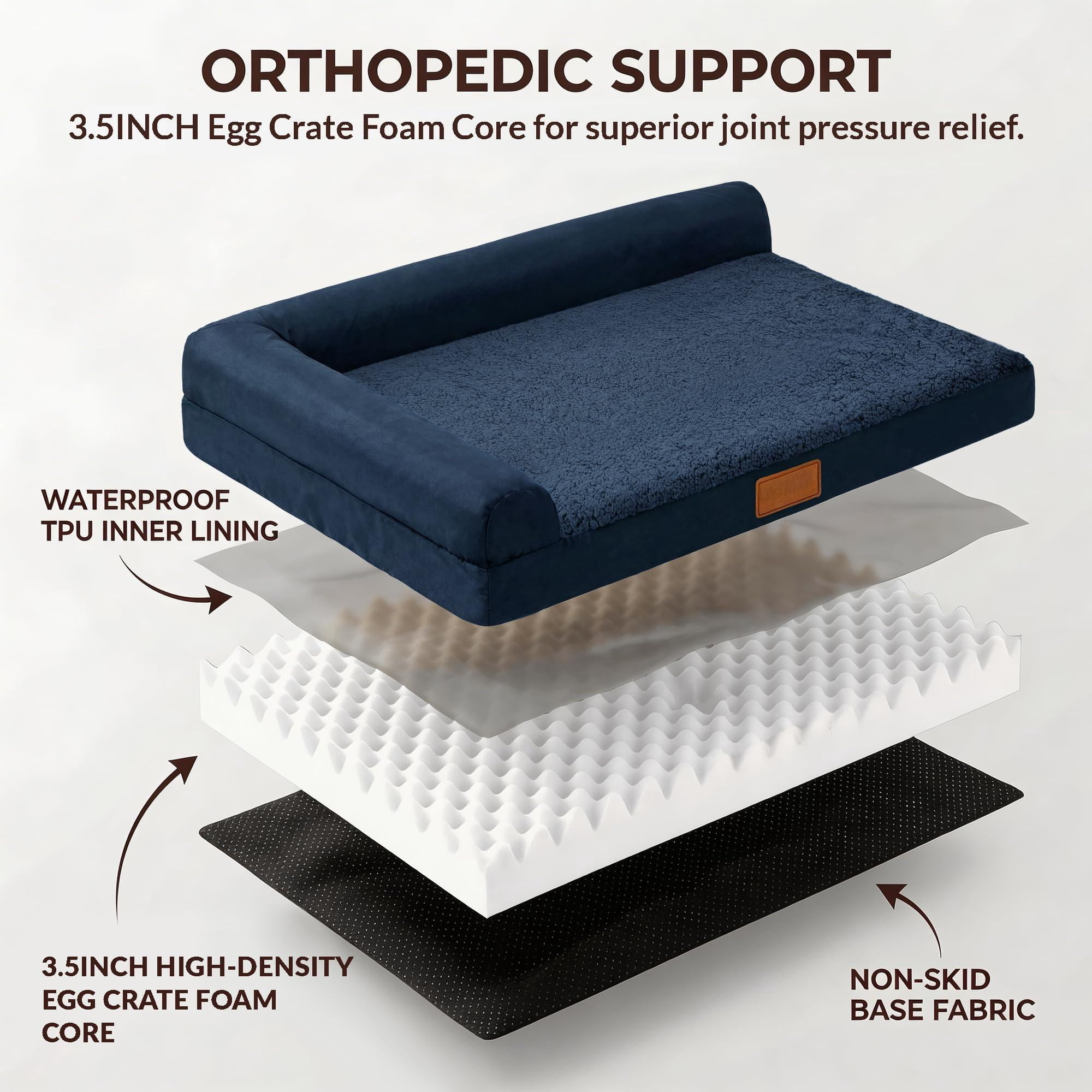 Orthopedic Dog Bed Medium Size 30x20x3.5 Inch Navy Blue, Waterproof L Bolster Pet Sofa