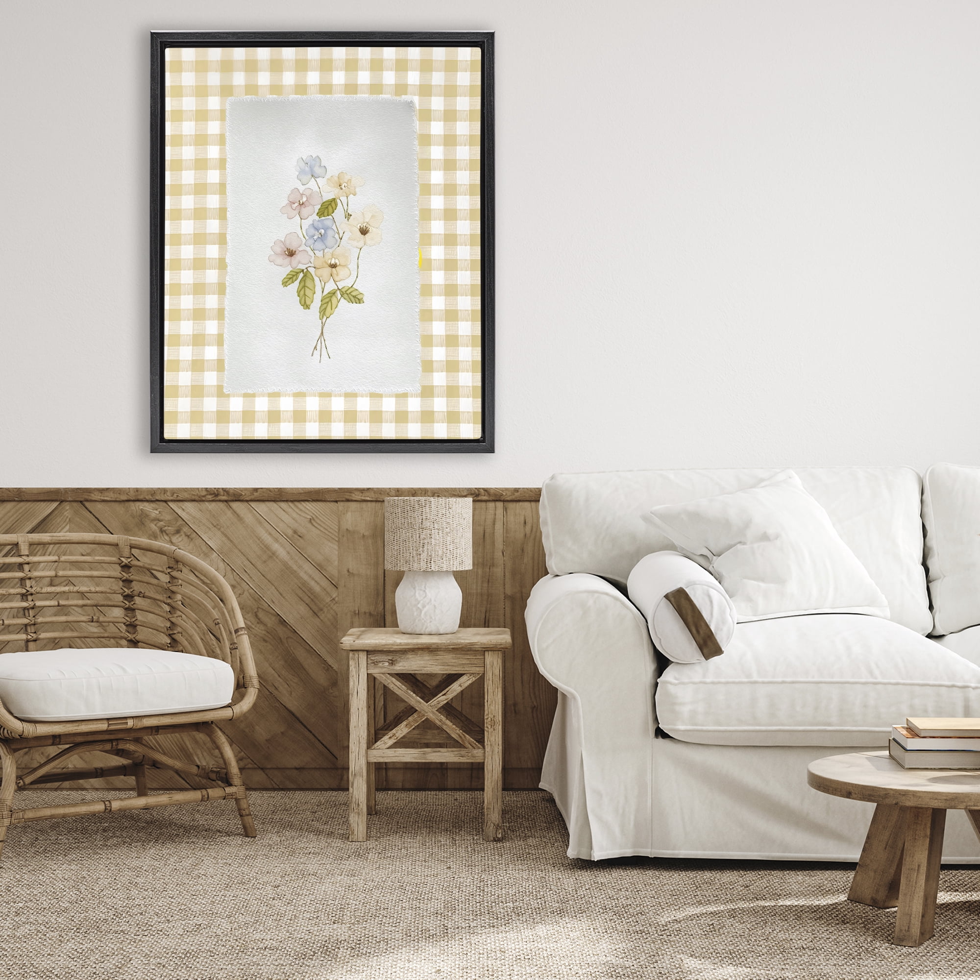 Stupell Industries Soft Gingham Flowers Black Framed Floater Canvas Wall Art, design by Arlington Prints