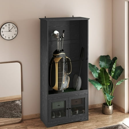 ModFusion Golf Bag Club Storage Cabinet Black Ash Finish with Doors Turf Mat Organizer for Bags Balls Accessories