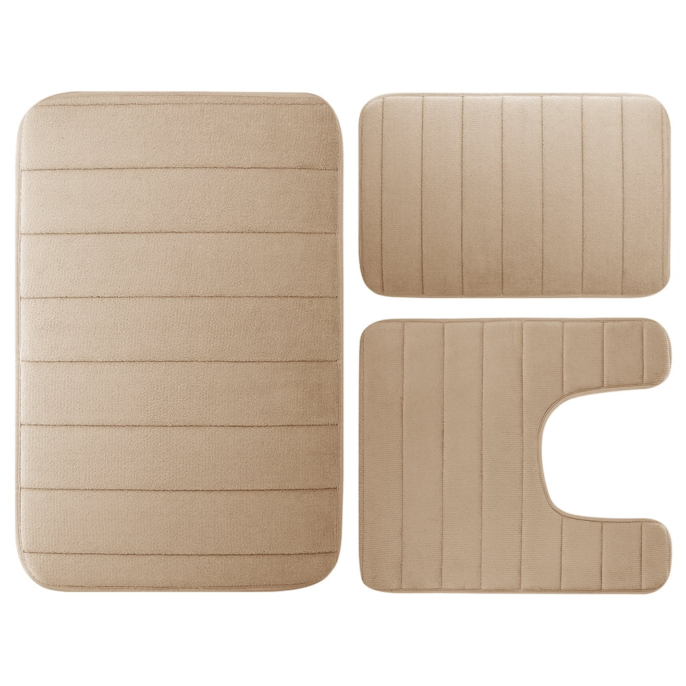 3 Piece Memory Foam Bath Mat Set with U-Shaped Toilet Mat Bathroom Rugs Soft Comfortable Water Absorption Bath Carpet Non-Slip Thick Machine Washable for Kitchen/Living Room(Beige)