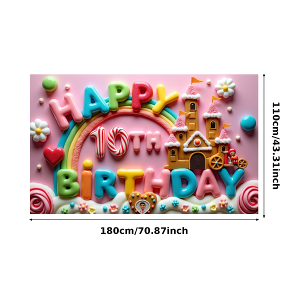 Colorful 10th Birthday Banner with Rainbow Castle Heart Candy Elements Backdrop Party Decoration for Photography Birthday Party Decor Supplies