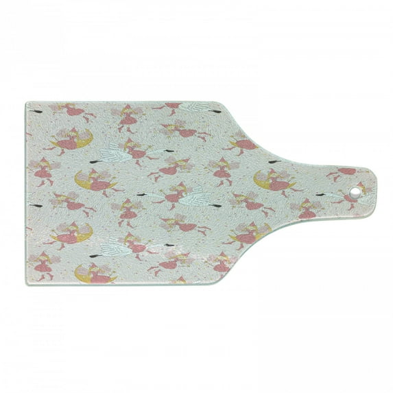 Cartoon Cutting Board, Pattern with Flying Fairies Setting on Moon Riding Swan Stick, Decorative Tempered Glass Cutting and Serving Board, Wine Bottle Shape, Rose Earth Yellow Pink, by Ambesonne