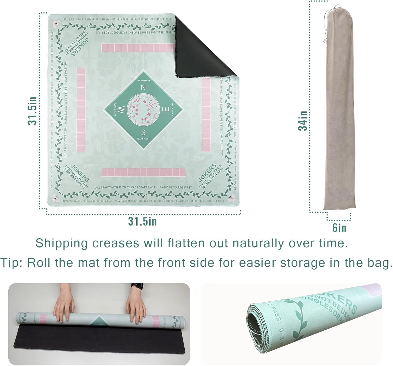 Mahjong Mat 31 * 31 Inch Non-Slip Noise Reduction, American Mahjong Mat for Table with Bag, Waterproof Surface Mah Jongg Mats for Poker, Card, Dominoes, Board & Tile Games （Light Green