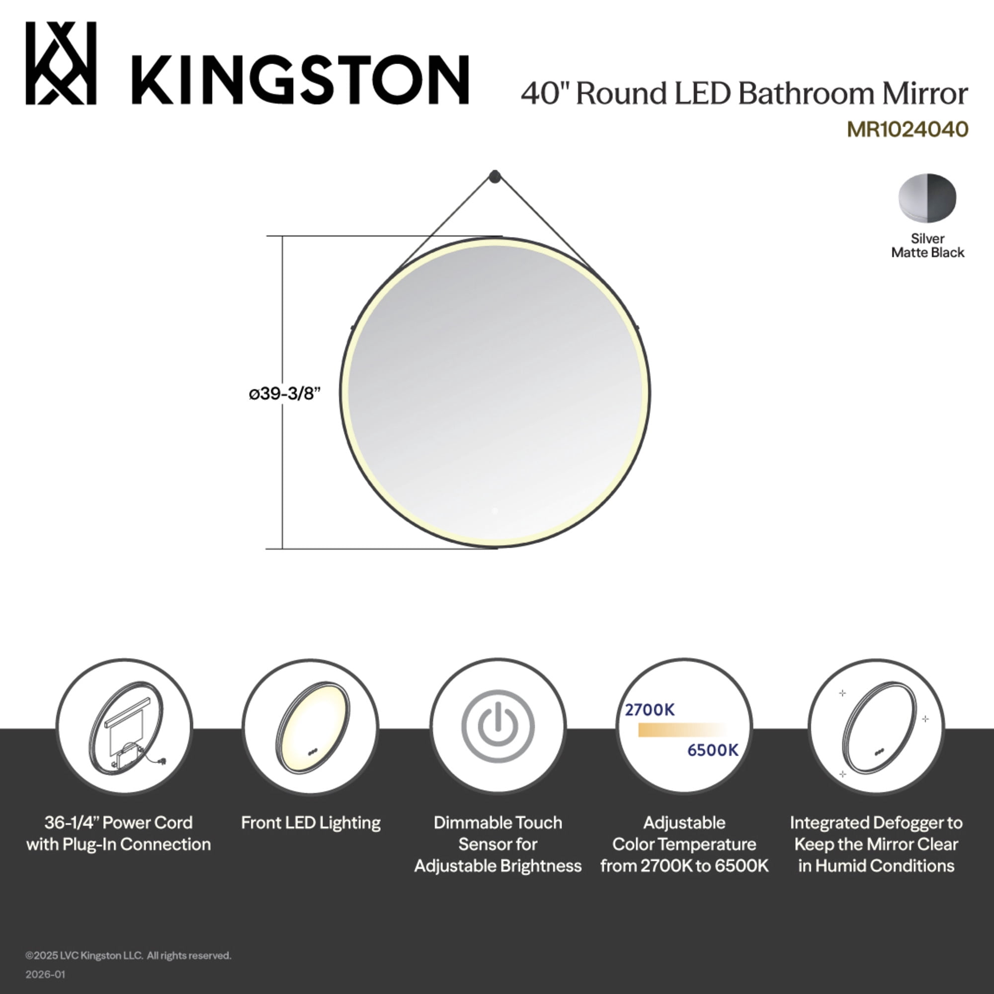 Kingston Brass MR1024040 Aurora 40-Inch Round LED Bathroom Mirror, Front Light, Anti-Fog, Dimmable Touch Sensor Lighted Mirror in Silver/Matte Black
