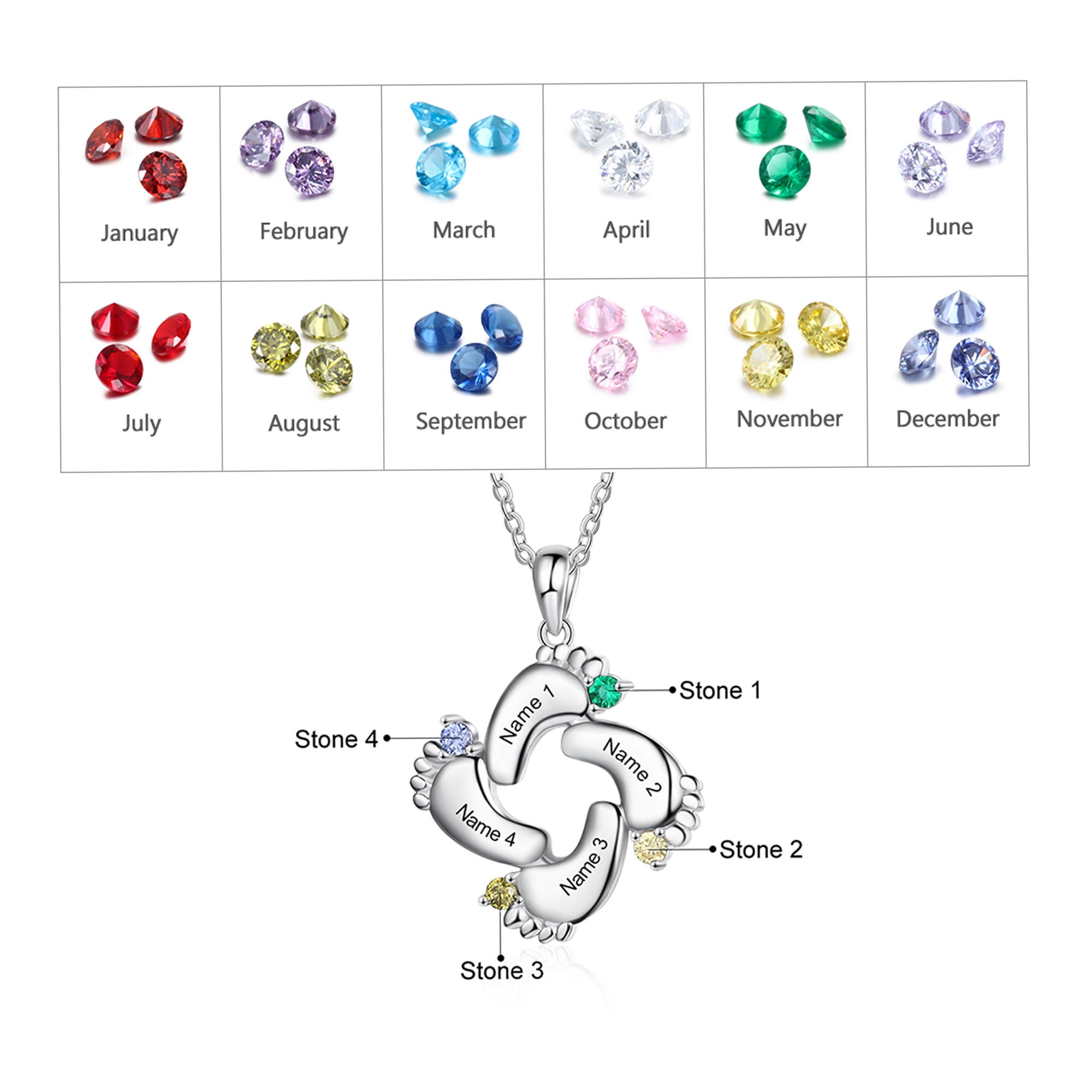 Mementos Jewelry Personalized Sterling Silver Footprint Family Mother Necklace 4 Birthstone and Name