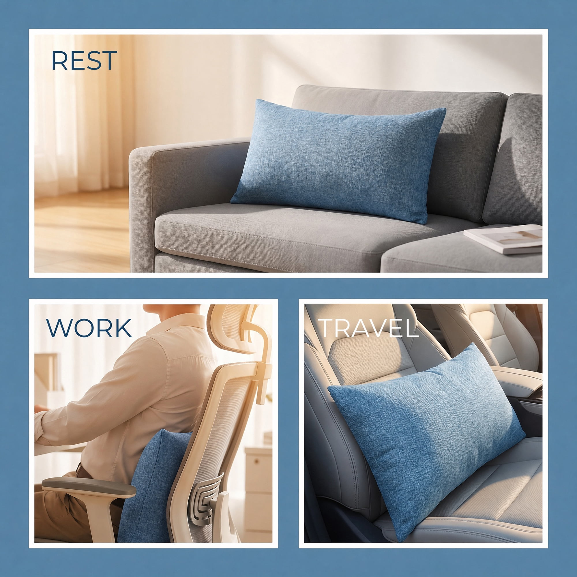 Unique Bargains Lumbar Support Pillow Flax Back Support for Driving Blue 11.8"x19.7"