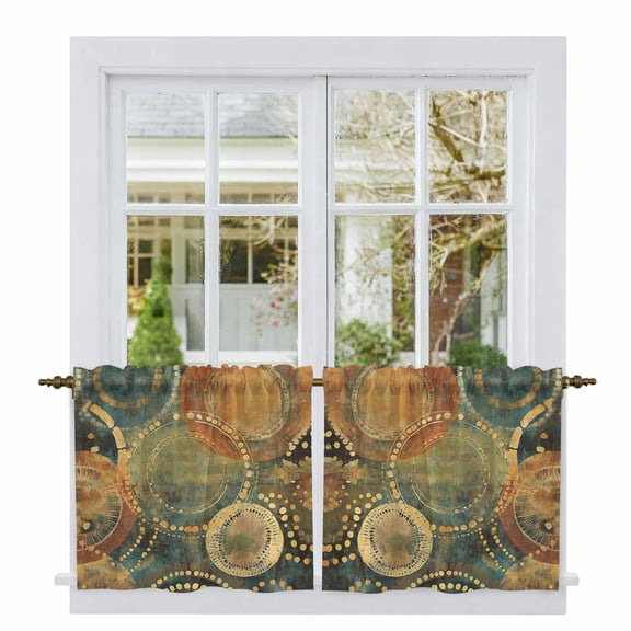 Vintage Geometric Tier Curtains, Watercolor Abstract Art Light Filtering Kitchen Curtains, 2Pcs Rod Pocket Half Window Treatments Panels for Sink Cafe Cabinet Camper 27.5x36 Inches