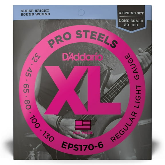D'Addario EPS170-6 6-String ProSteels Bass Guitar Strings, Light, 30-130, Long Scale