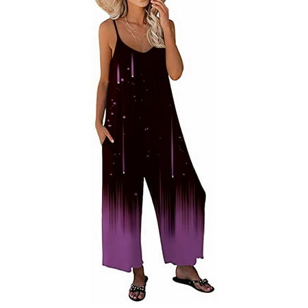

Dqueduo Jumpsuits for Women Fashion Bib Pants Overalls Baggy Rompers Women Print Jumpsuit Pajamas Casual Sling Wide Leg Long Pants Overalls Women on Clearance