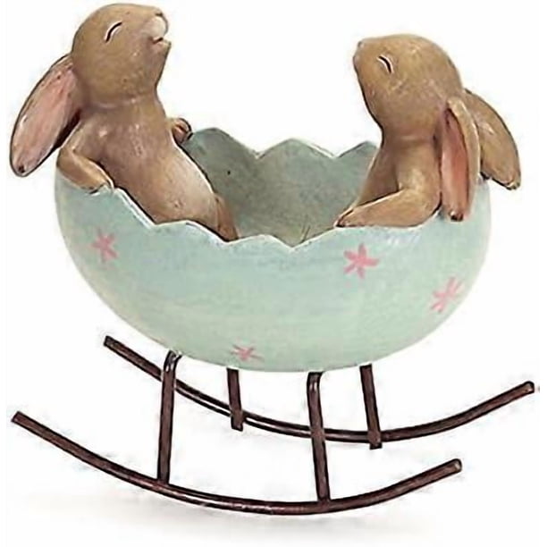 Laughing Bunny Rabbits Rocking in an Easter Egg Cradle Spring Easter Decoration Vintage Rustic Country Bunnies Rabbit Figurine Statue (Bunnies in a Cr