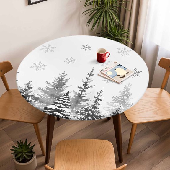 Round Fitted Tablecloth with Elastic Edge, Winter Snowflake Forest Trees Fitted Table Cloth for Round Tables 45-54in, Christmas Black Gray Pine Tree Waterproof Tablecloth for Outdoor Picnic Party