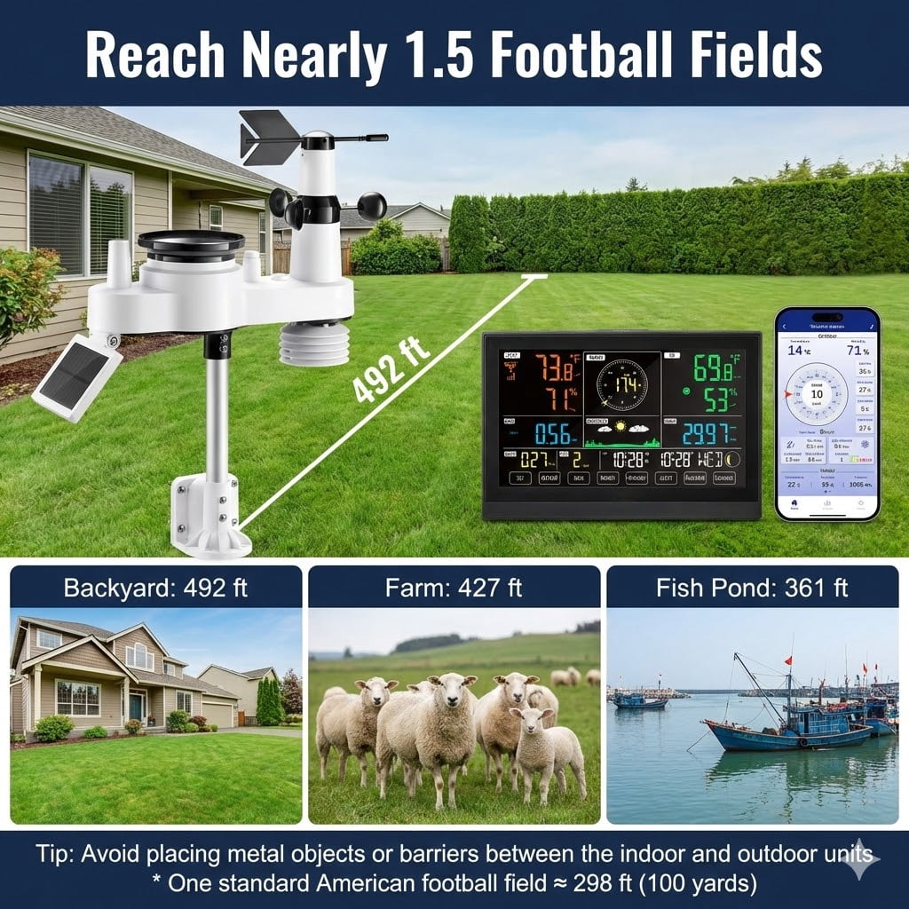 7-in-1 Wi-Fi Weather Station with APP, 7.5-Inch VA Display, Wireless Solar Powered Outdoor Sensor, Rain Gauge, Indoor Outdoor for Weather Forecast, Wind Speed, Temperature, Humidity, Rainfall