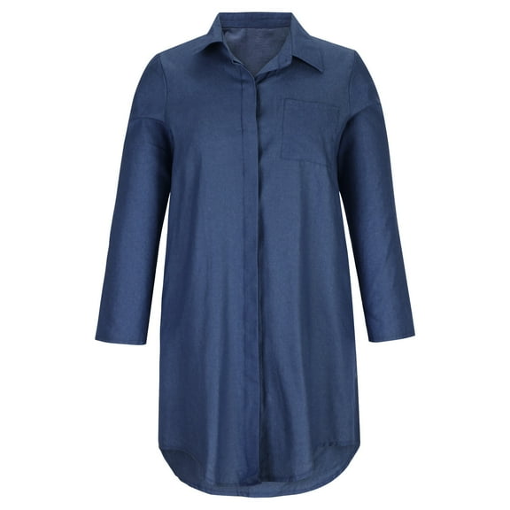 Womens Long Sleeve Button Down Short Shirt Dress Solid Color Lapel Comfy Dress Loose Basic Pockets Dress for Casual Work