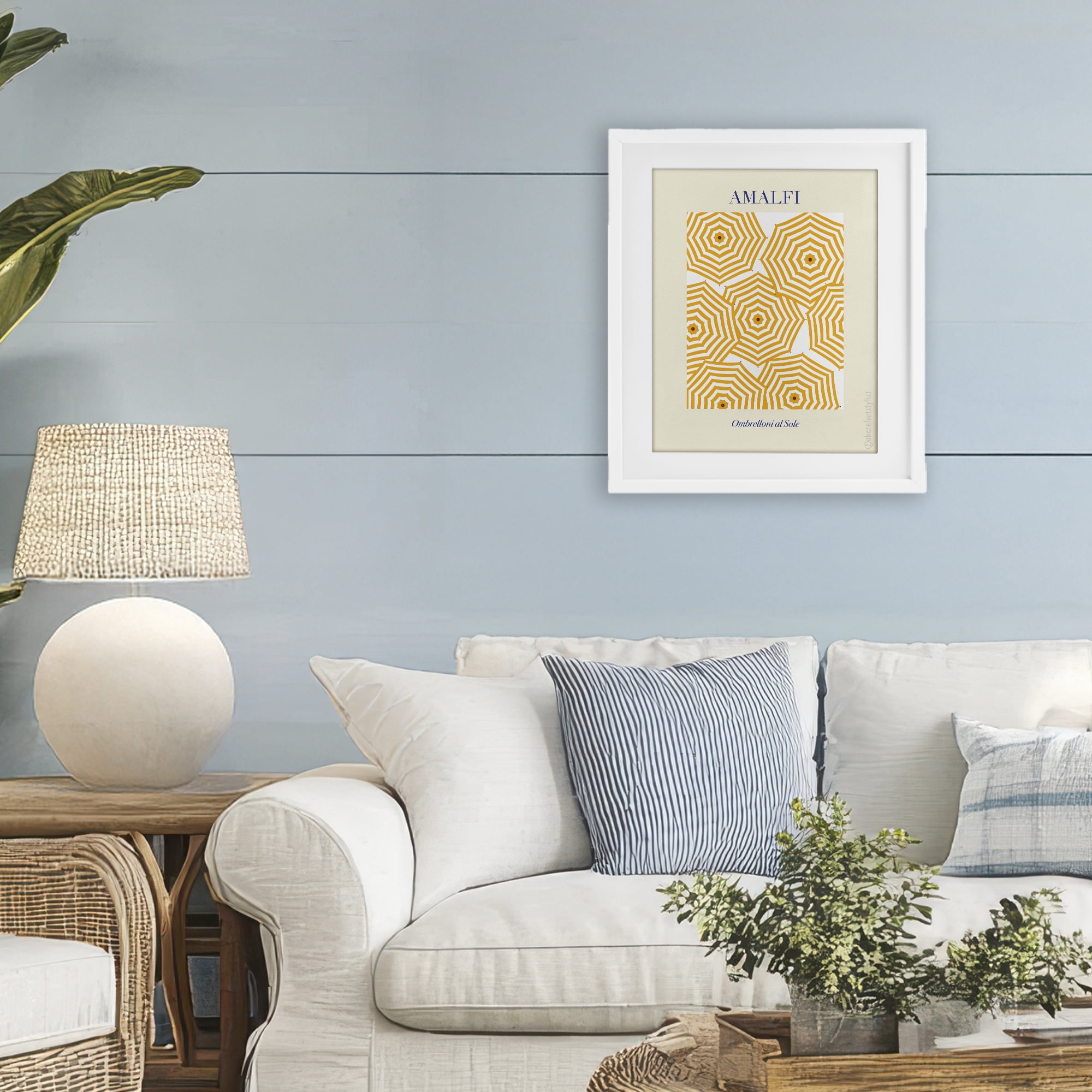Stupell Industries Yellow Amalfi Umbrellas White Framed Print Under Glass, design by A Barefoot Stylist