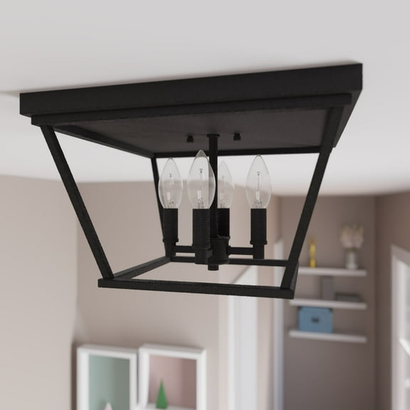 Hunter - Laurel Ridge 4-light Natural Black Iron, Large Flush Mount Light, Dimmable, Formal Style, Square Shaped, for Bedrooms, Dining, Living Rooms - 19074