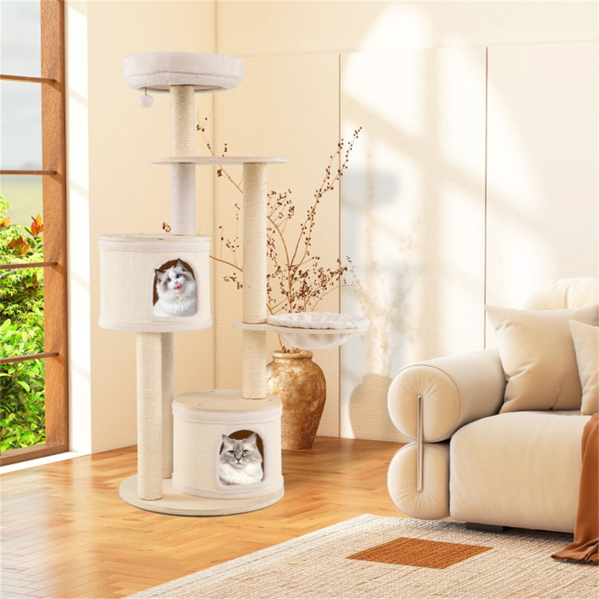 ZephyPaws 60in Tall Cat Tree for Indoor Cats,Wooden Cat Tree Tower with 2 Condo, Sisal Scratching Posts and Board,Top Perch and Basket,Beige