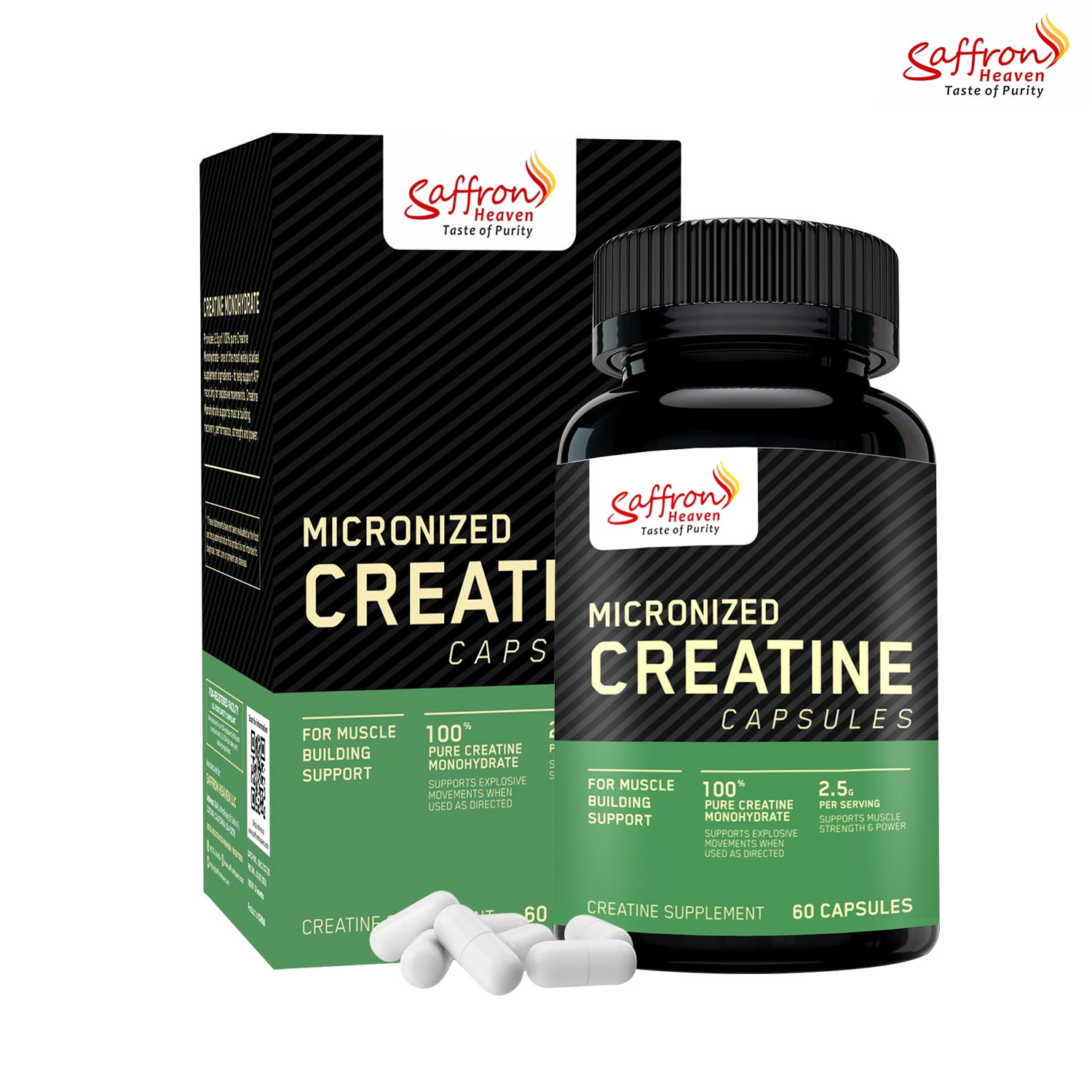 Saffron Heaven Creatine Monohydrate Capsules, 60 Count, Workout & Athletic Performance Supplement