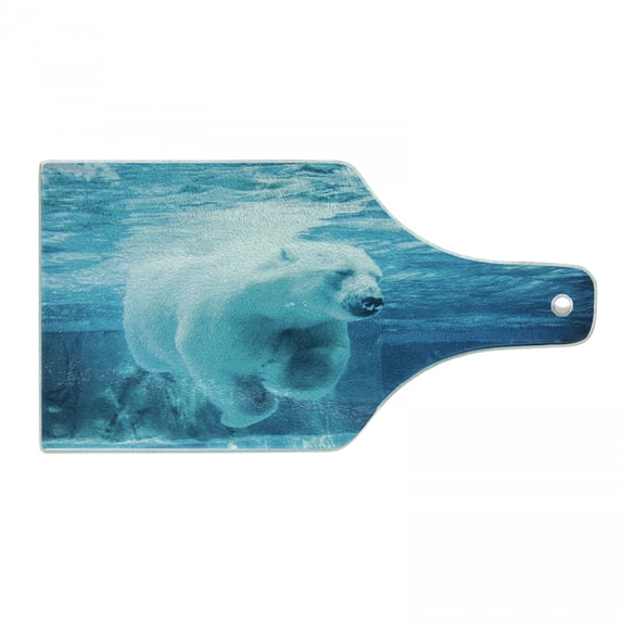 Bear Cutting Board, Arctic Polar Bear Dipping into Water Swimming Ursus Maritimus Underwater View, Decorative Tempered Glass Cutting and Serving Board, Wine Bottle Shape, Blue Pale Blue, by Ambesonne