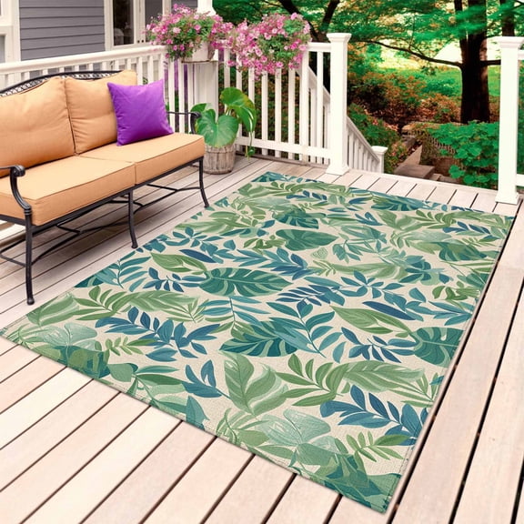 Green Palm Leaf Outdoor Rug for Patio/Deck/Porch, Non-Slip Large Area Rug 5 x 8 Ft, Tropical Plants Retro Pastoral Summer Indoor Outdoor Rugs Washable Area Rugs, Reversible Camping Rug Carpet Runner