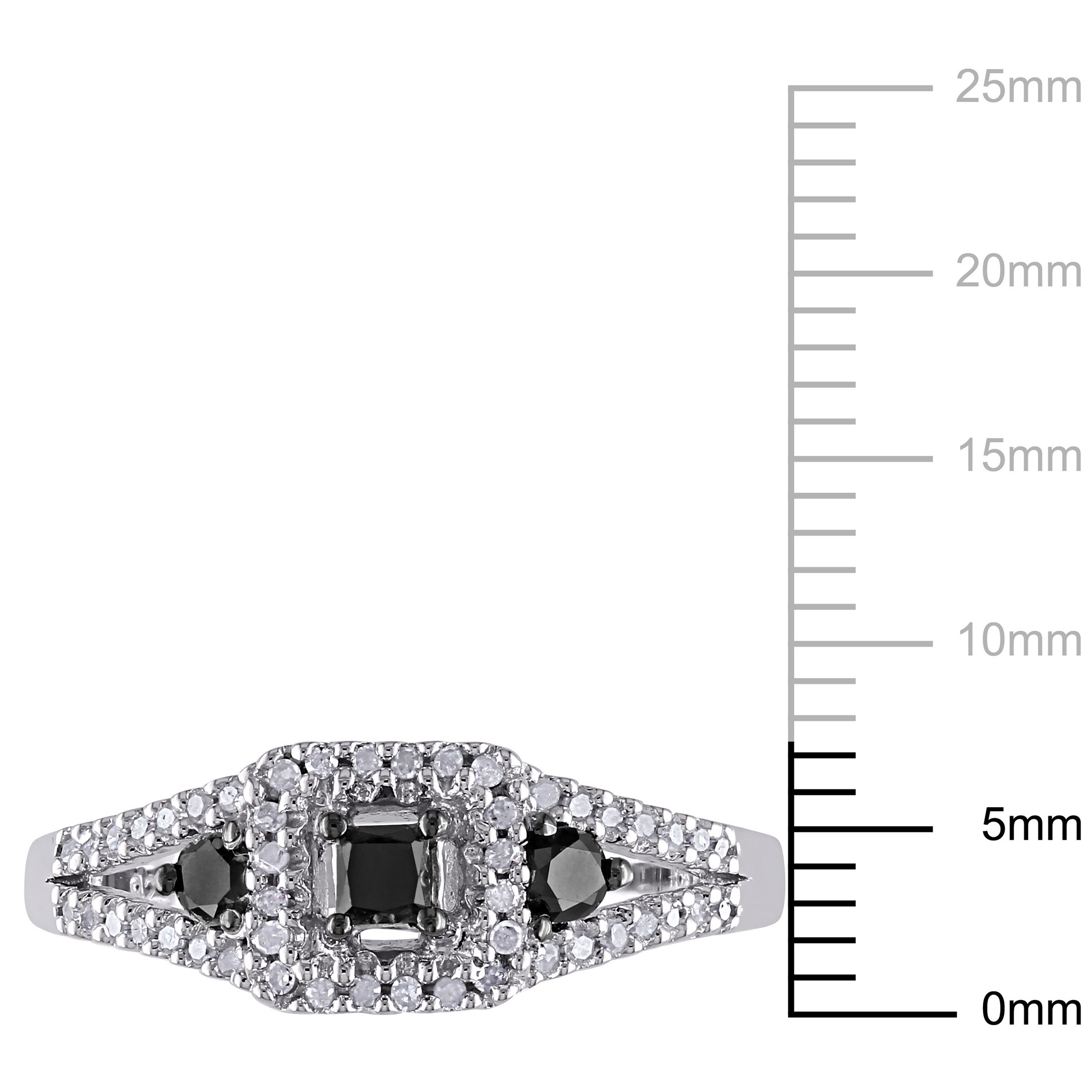 Everly Women's 1/2 Carat T.W. Princess-Cut Black and White Diamond Sterling Silver Split Shank Cocktail Ring with Round-Cut Diamond on Band and 4-Prong/3-Prong/Buttercup Setting (H-I-J, I3) - image 3 of 7