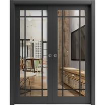 Sliding French Double Pocket Doors 64 x 96 inches | Lucia 2266 Matte Black Clear Glass | Kit Trims Rail Hardware | Solid Wood Interior Bedroom Sturdy Doors