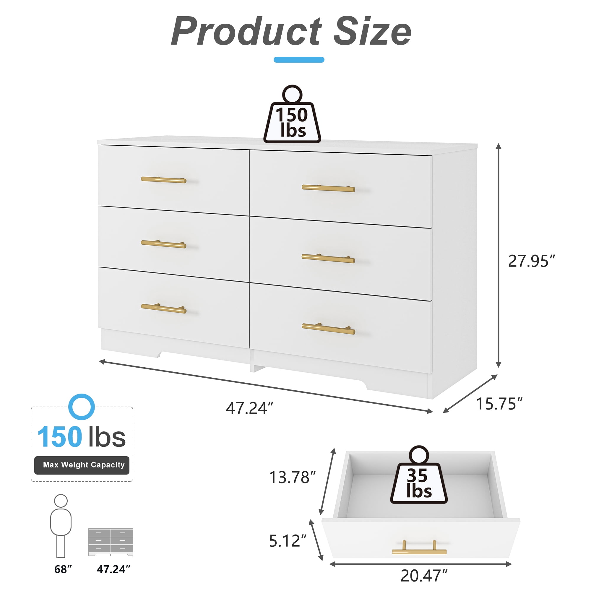 YYAo Wooden 6 Drawer Dresser, Large Modern Chest of 6 Drawers Night Table, TV Stand for 55" TV for Bedroom, Closet, Living Room, White