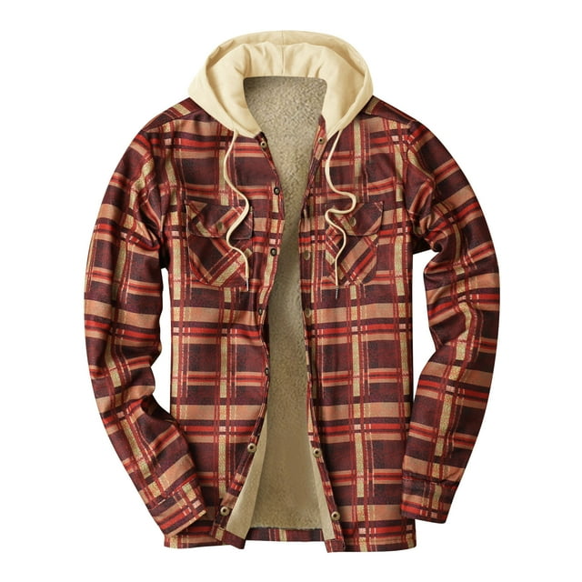 RKSTN Mens Winter Jacket Thick Quilted Plaid Printed Jacket Hooded Warm Drawsting Cotton-padded Buttons Fleece Jacket