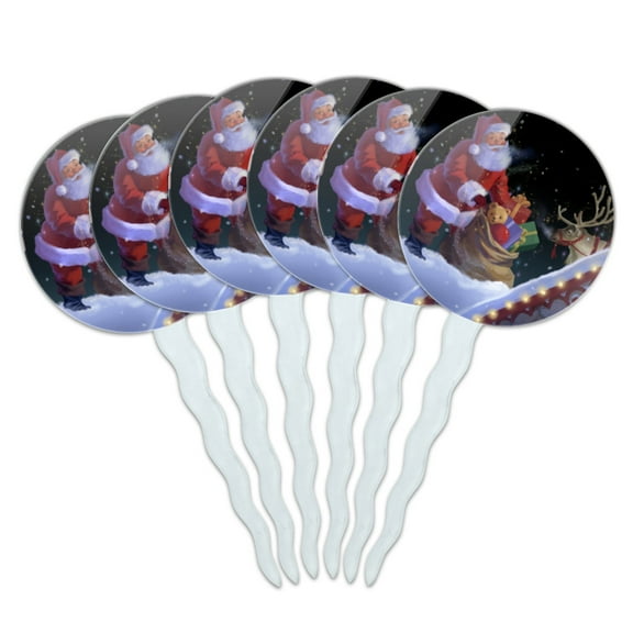 Christmas Holiday Santa Rooftop Magic Cupcake Picks Toppers Decoration Set of 6