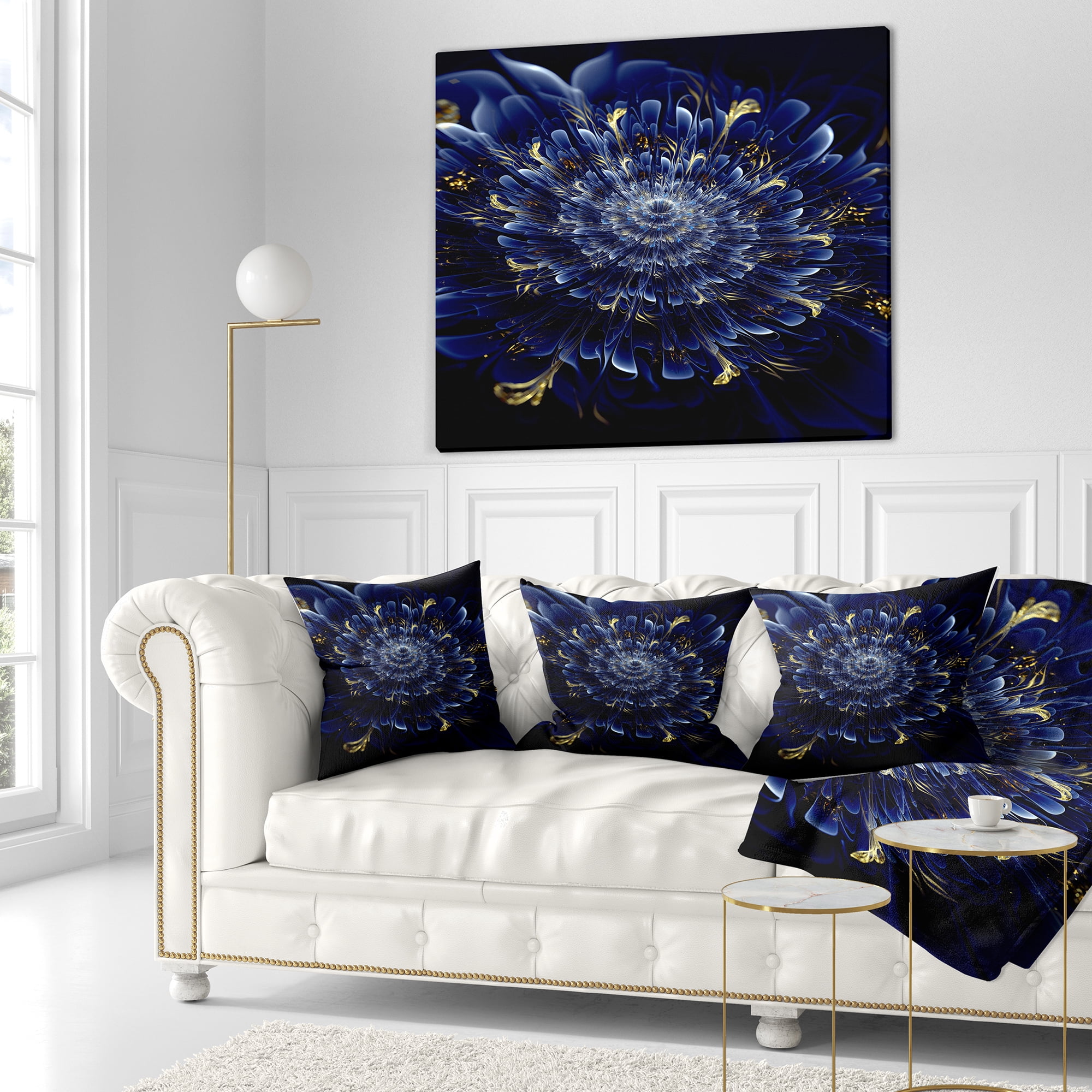 Designart Blue Fractal Flower - Floral Throw Pillow - 16x16