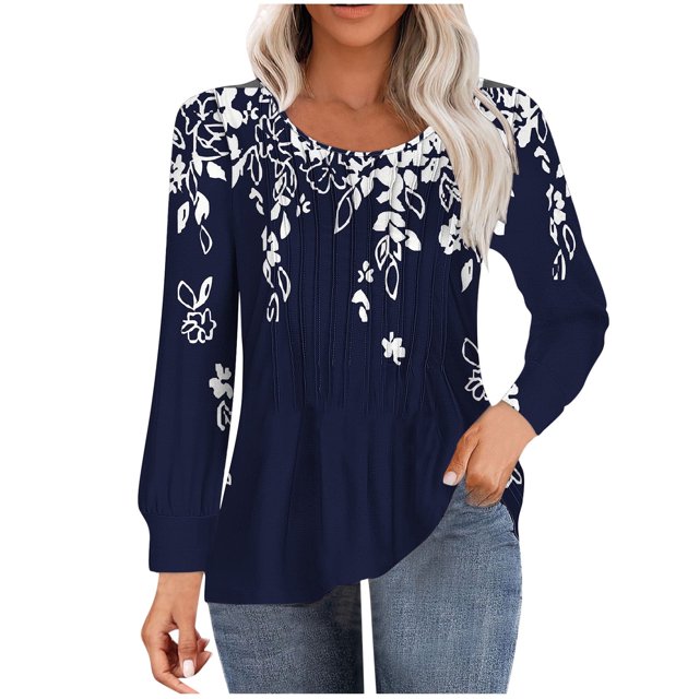 HKEJIAOI Chemises à Manches Longues pour Femmes Automne Tunique Plissée Col Rond pour Leggings Coupe Ample Blouses Décontractées m