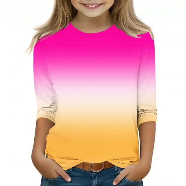 Dealovy Chemises pour Filles Manches 3/4 Couleur Dégradée Printemps Été Ample Décontracté Mignon Col Rond Tuniques