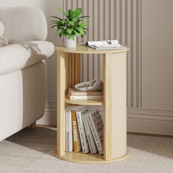 Round Wood Side Table with Storage, Boho 2-Tier Nightstand, Sofa Couch End Table with Adjustable Shelf, Wood