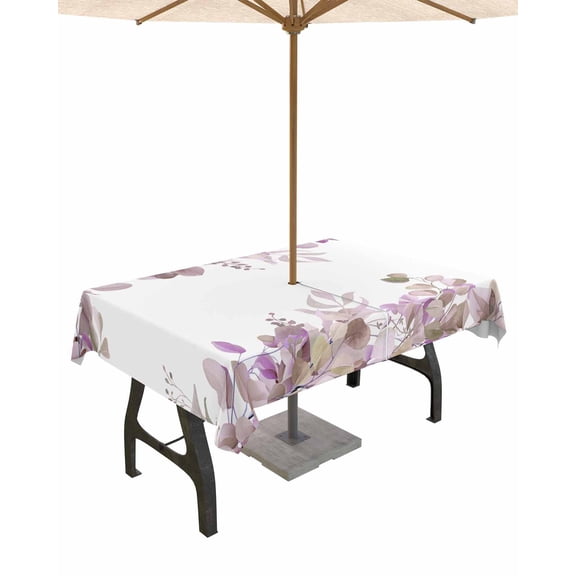Fsddascl Purple Botanical Outdoor Tablecloth - 60x84 Inch Rectangle Dining Table Cover, Spring Floral Summer Eucalyptus Leaf Waterproof Outdoor Table Cloth with Umbrella Hole & Zipper for Patio