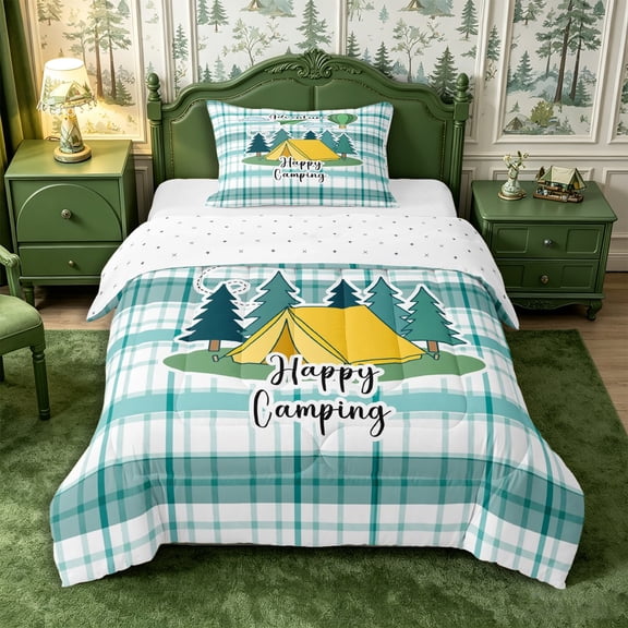 Manfei Happy Camping Twin Comforter Sets 2pcs,Minimalist Geometric Plaid Bedding Set,Yellow Teal,1 Comforter and 1 Pillowcase,Reversible
