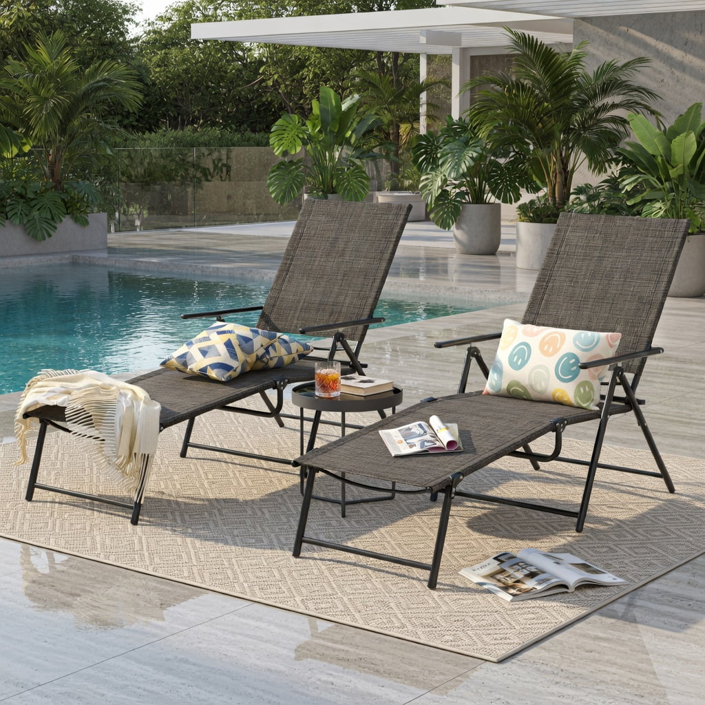 Hommoo 2-Pack Foldable Patio Chaise Lounge Chairs with 6-Position Reclining Backrest, Outdoor Loungers for Poolside, Backyard & Balcony, Gray