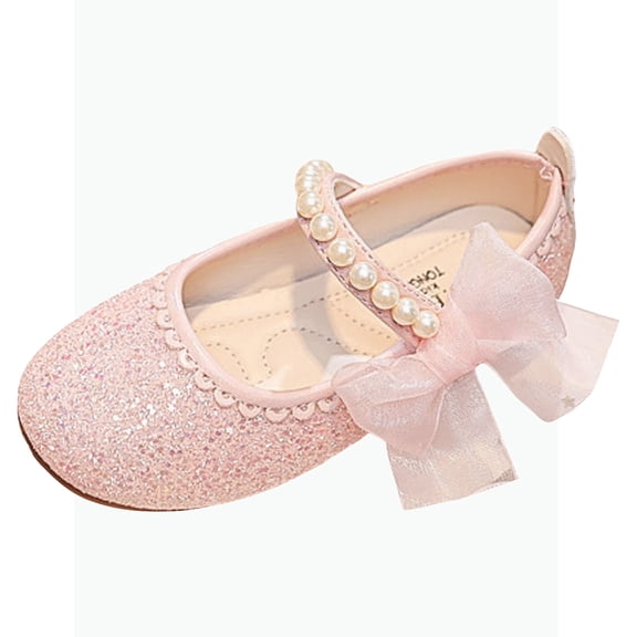 Gyujnb Toddler Girls Glitter Mary Jane Flats Pearl Bow Decor Adjustable Strap Soft Sole Princess Dress Shoes, Closed Toe,5-5.5 Years