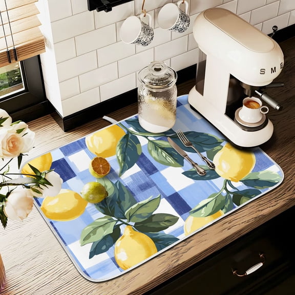 Yayeee Dish Drying Mat for Kitchen Counter 16" x 18" Microfiber Super Absorbent Coffee Decorative Pad, Cartoon Lemon Leaves
