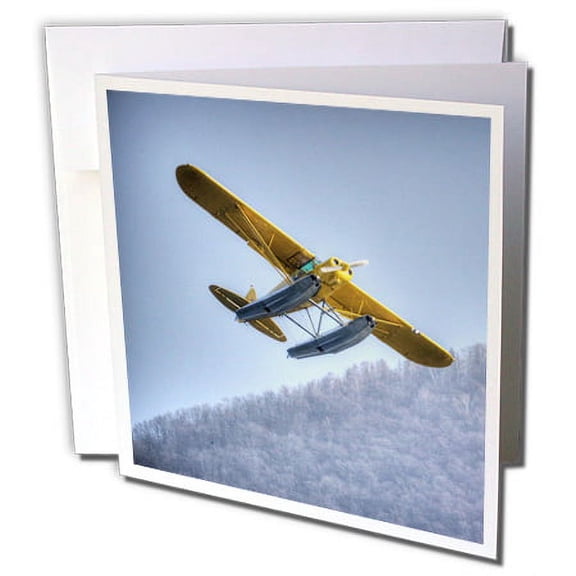 3dRose, YELLOW AIRPLANE FLYING OVER LAKE COMO, 1 Greeting Card with envelope