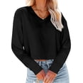 thumbnail image 2 of Women Long Sleeve Solid Color V Neck Cropped T Shirts Crop Tops, 2 of 5