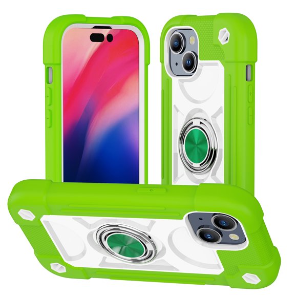 for iPhone 15 Case with Ring Stand, Heavy Duty Military Grade Rugged Shockproof Silicone Rubber Magnetic Kickstand Holder Case for Women Girls For iPhone 15, Green+White