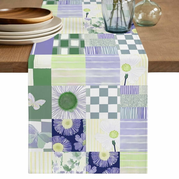 Table Runner 48 Inches Long for Kitchen Dining, Spring Floral Checkered Dresser Scarf Farmhouse, Dining Table Decorations for Wedding/Parties, Sage Green Purple Buffalo Plaid 13 x 48 In