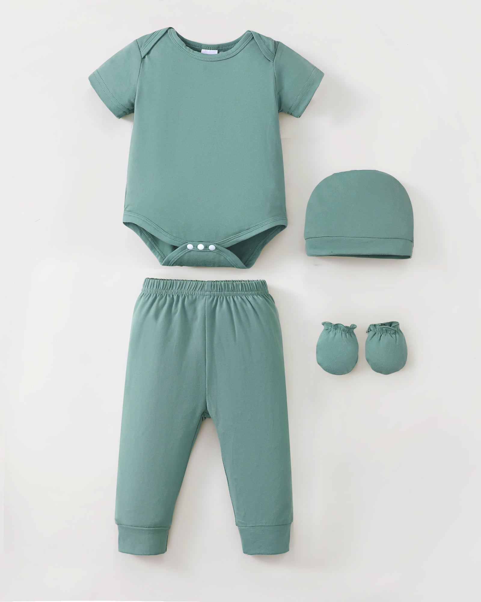 KIMI BEAR Newborn Baby Boys Layette Essentials 9-12 Months Romper Pants Gift Sets 4 Packs Short Sleeves Bodysuit Tops Pants Set with Hats and Gloves 16pcs Outfits Green