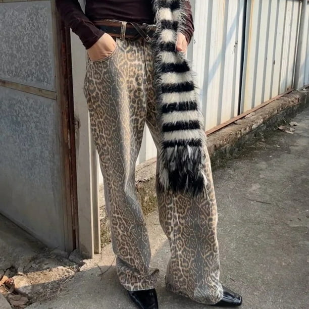 YUIVH Wide Leg Jeans For Women Stretch Vintage Leopard Print Denim