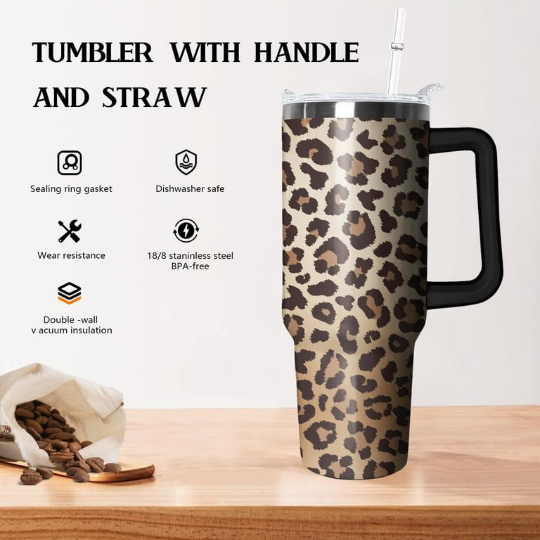 GEMFUL 40oz Leopard Print Insulated Tumbler With Handle And Straw