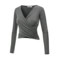 thumbnail image 2 of Made by Johnny Women's Deep V Neck Long Sleeve Cross Wrap Fitted Crop Top S HDG, 2 of 6