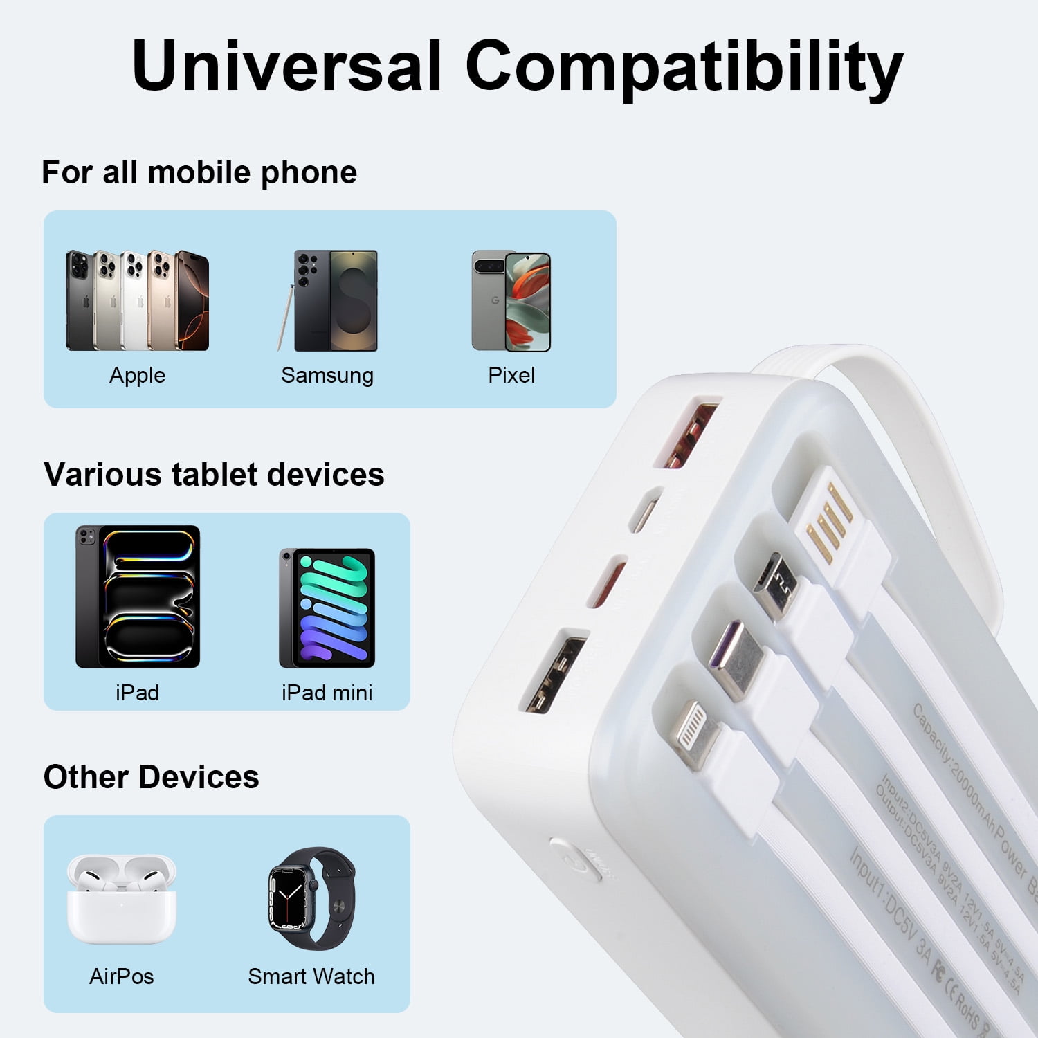 30000mAh Portable Charger Power Banks for iPhone Cell Phones with Built in Cables,HopePow LED Power Display Charging Banks Compatible with iPhone 16 Plus/Pro Max/15//14 Series,Samsung,Android(White)