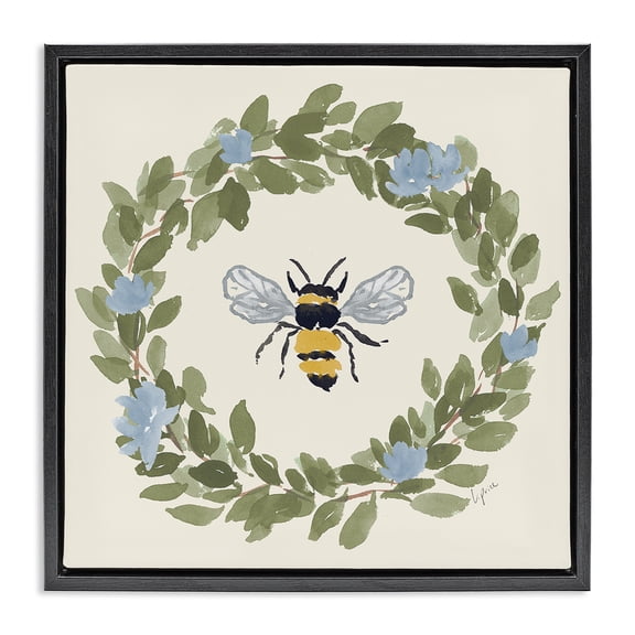 Stupell Industries Cottage Bee Celebration Wreath Black Floating Frame Canvas Art, 18 x 18, by Lucille Price