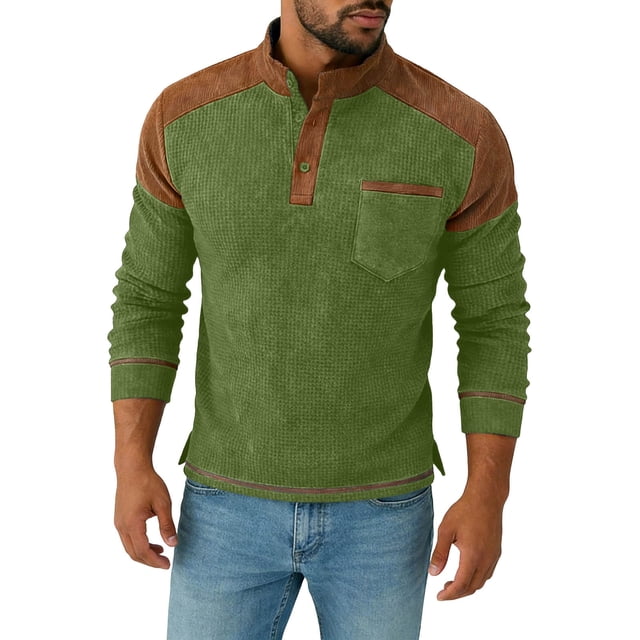 Men's Solid Color Long-Sleeved Stand-Up Collar Button-Up with Fake Pocket Patchwork Jacket, Classic Soft Fabric with Zipper Pocket for Outdoor Work Sports