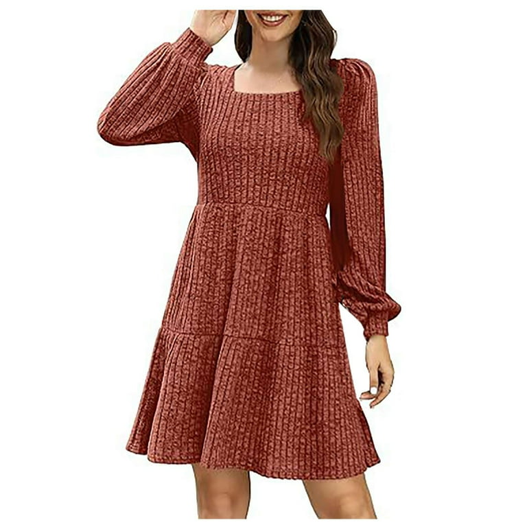 Efsteb Fall Fashion 2025 Womens Long Sleeve Dresses Casual Square Neck Sweater Dress Lantern Sleeve Pocket Knitted Striped Dress (Brown,XL), Women's Efsteb Fall Fashion 2025 Womens Long Sleeve Dresses Casual Square Neck Sweater Dress Lantern Sleeve Pocket Knitted Striped Dress (Brown,XL), Women's